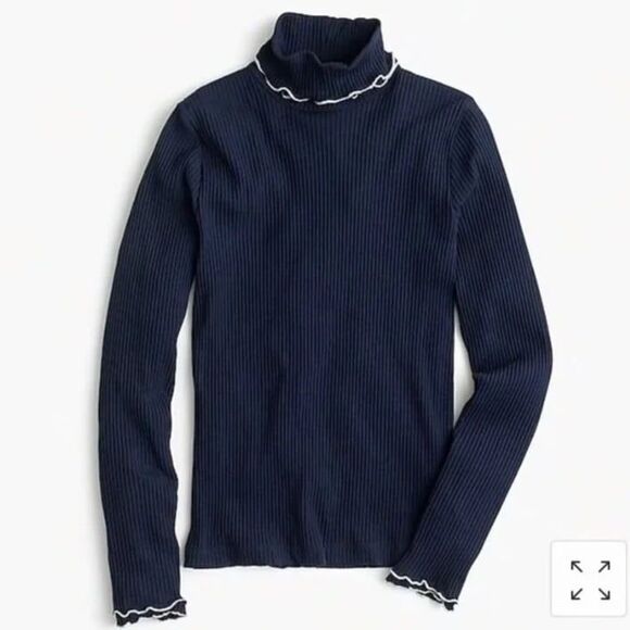 J. Crew Contrast Ribbed ruffle turtleneck navy blue - Picture 1 of 5